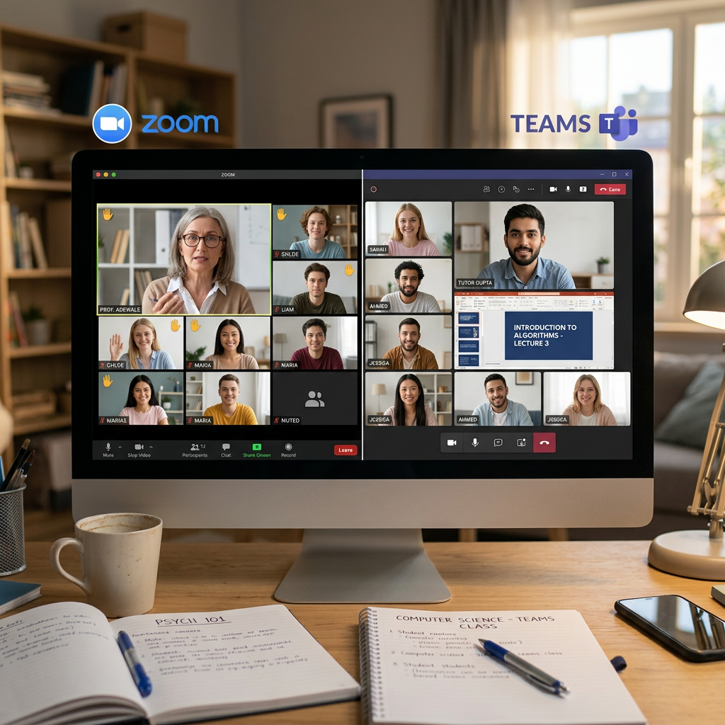 Virtual classroom session on Zoom and Microsoft Teams with multiple participants and a lecture slide.